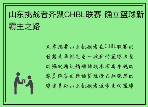 山东挑战者齐聚CHBL联赛 确立篮球新霸主之路