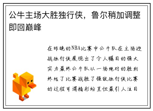 公牛主场大胜独行侠，鲁尔稍加调整即回巅峰