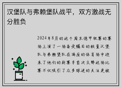 汉堡队与弗赖堡队战平，双方激战无分胜负